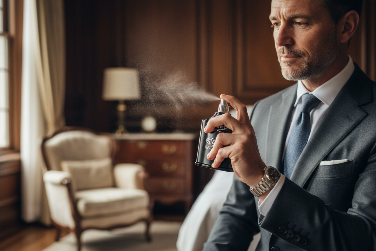 a man spray his self with parfume Cread Aventus black edition please make sure looks all like real in every detail.